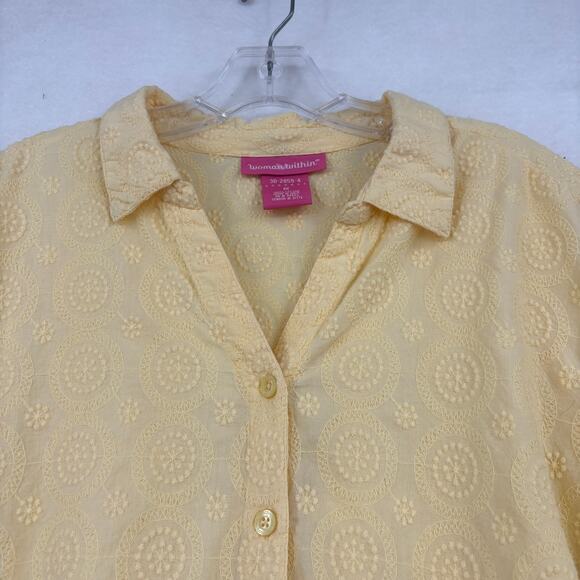 Woman Within Blouse Size 1X Yellow Embroidered Button Up Elbow Sleeve Cotton - Picture 2 of 8